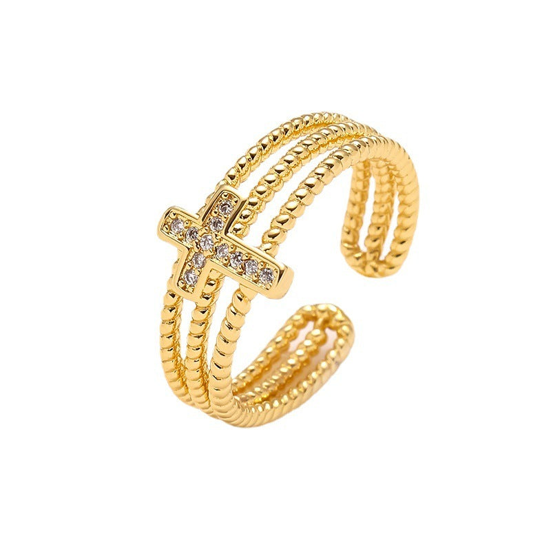 Bague géométrique croisée en Zircon creux à trois couches pour femmes, placage de cuivre en or 18 carats