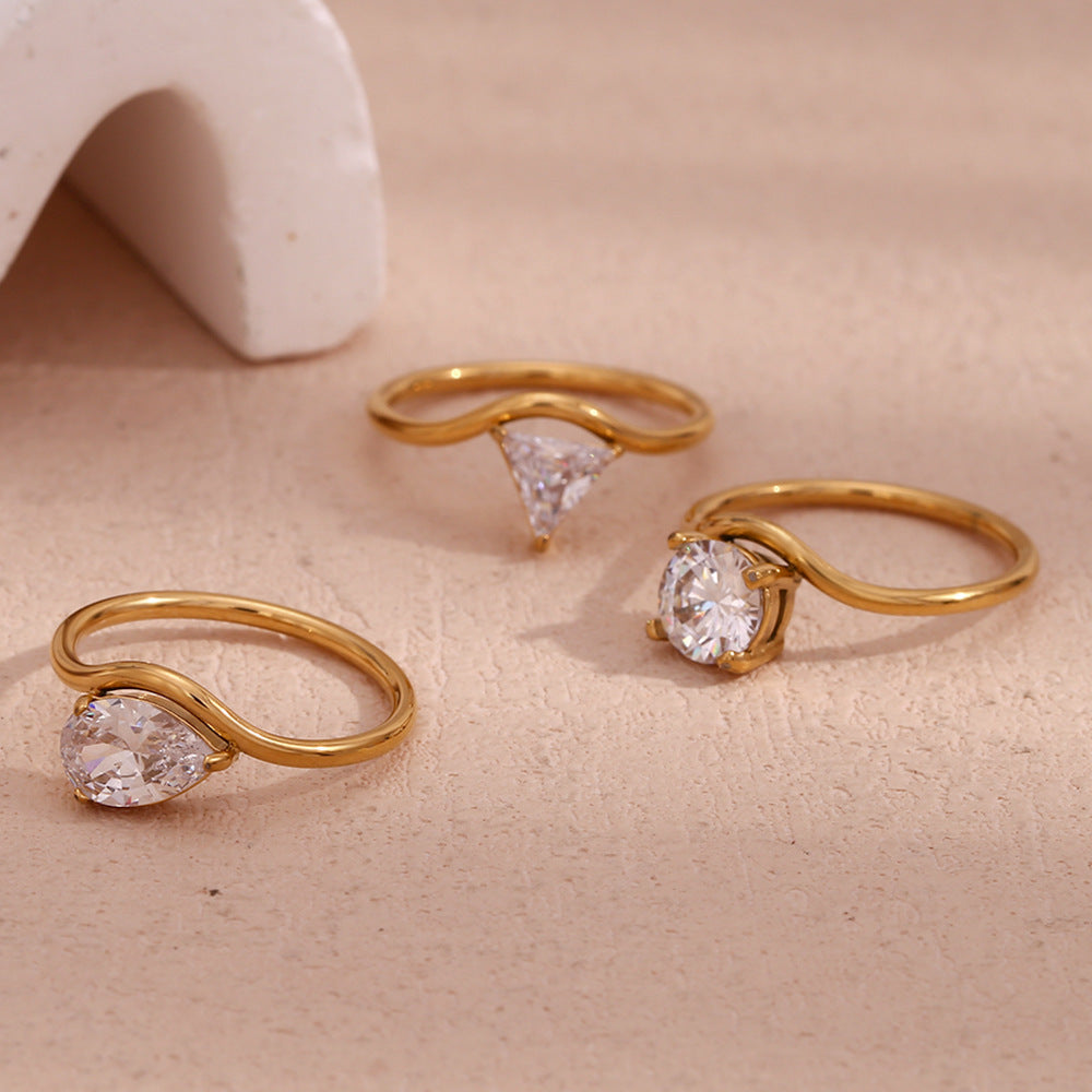 Affordable Luxury Fashion Waveform Ring Shank Gold Zircon Ring Stainless Steel Plated 18K