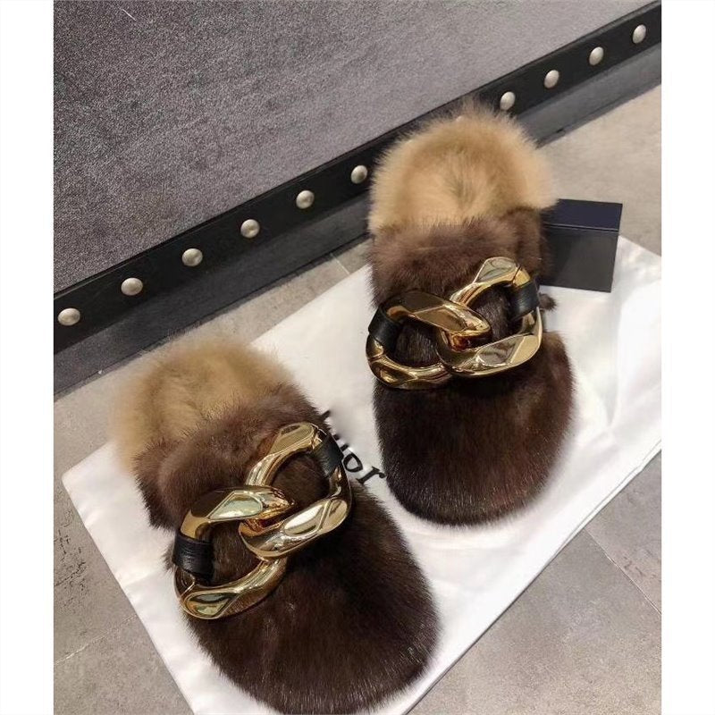 Pantoufles à plateforme en fourrure de vison doublées de polaire pour femmes