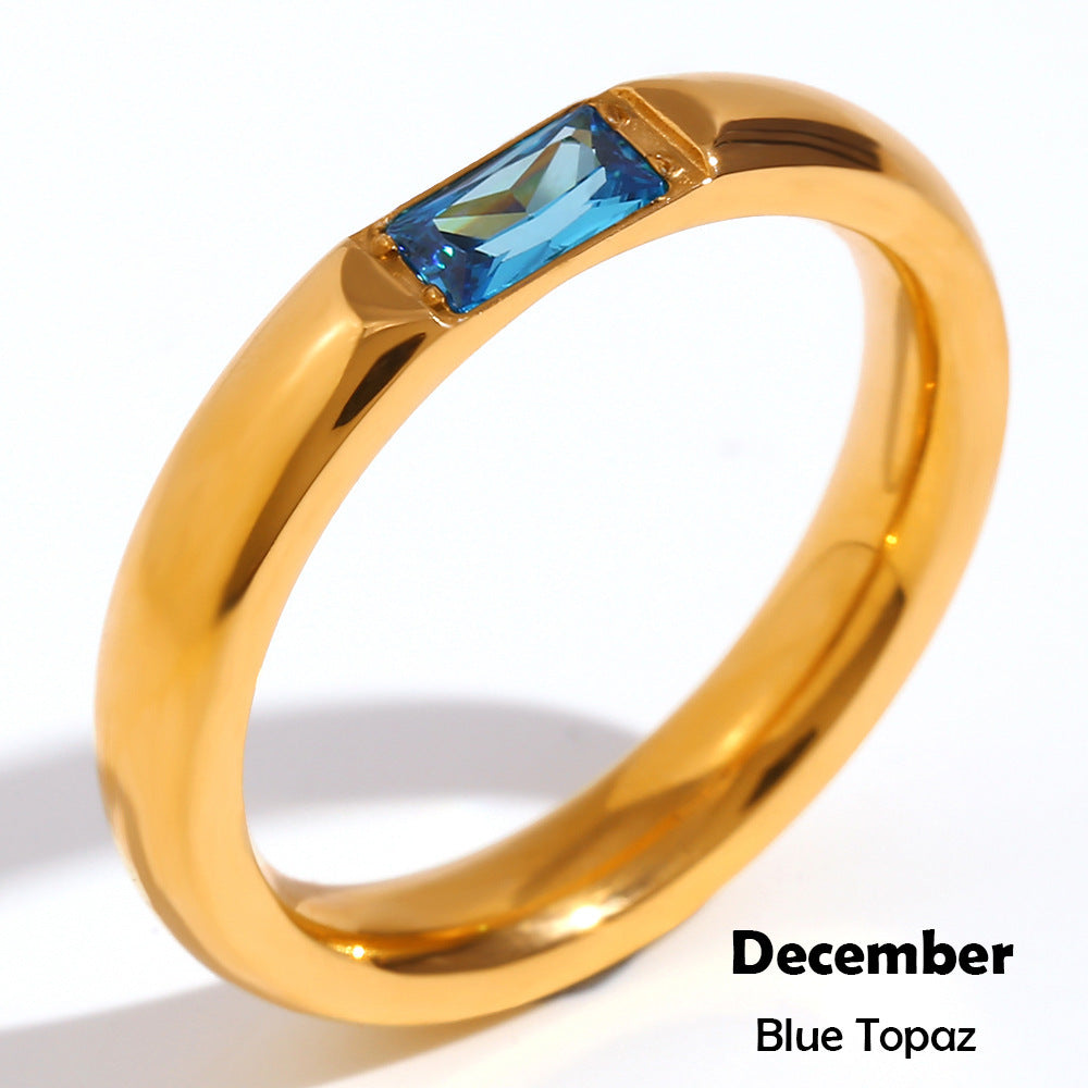 Stainless Steel Plated 18K Gold Rectangular Zircon Birthstones Ring