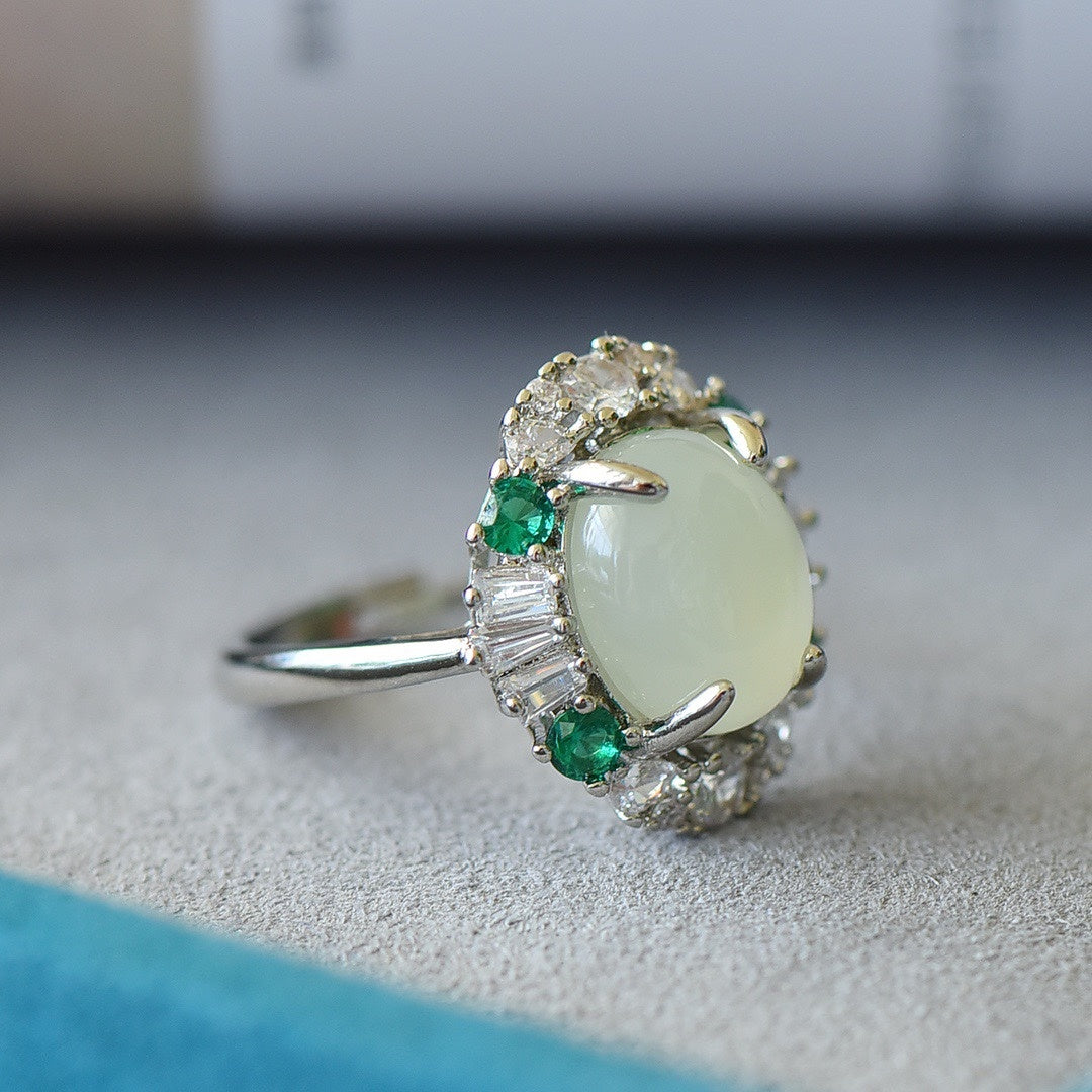Bague de Surface d'œuf de Jade blanc incrusté de mode pour femmes 925