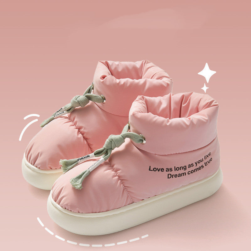 Chaussures d'hiver en coton avec cordon de serrage, bottes de neige épaisses et imperméables en peluche pour femme, confortables, semelle souple, bottines chaudes