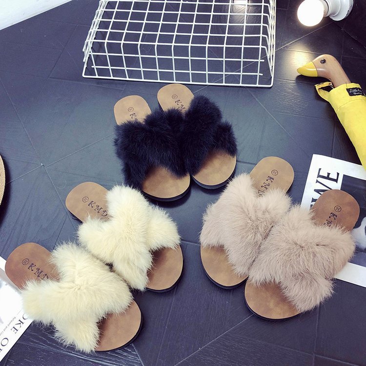 Spring New Fluffy Slippers Women's Summer Fashion Outerwear Flat Bottom Comfort
