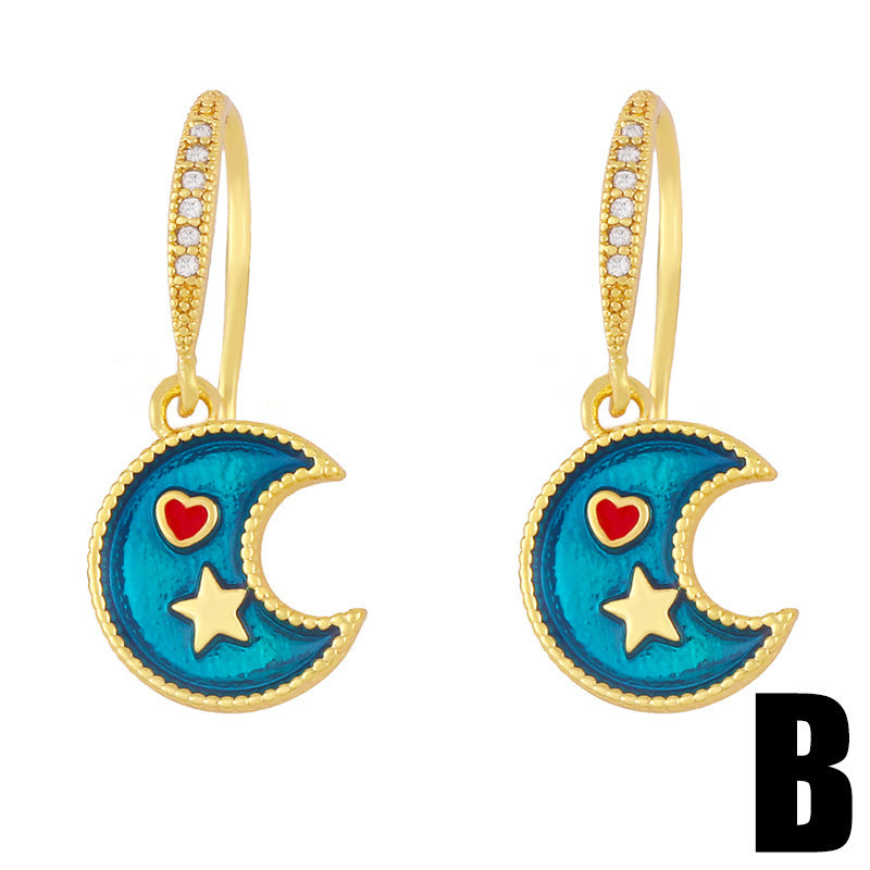Universe Star Moon Earrings Creative Personality Drop Oil Diamond Simple Jewelry
