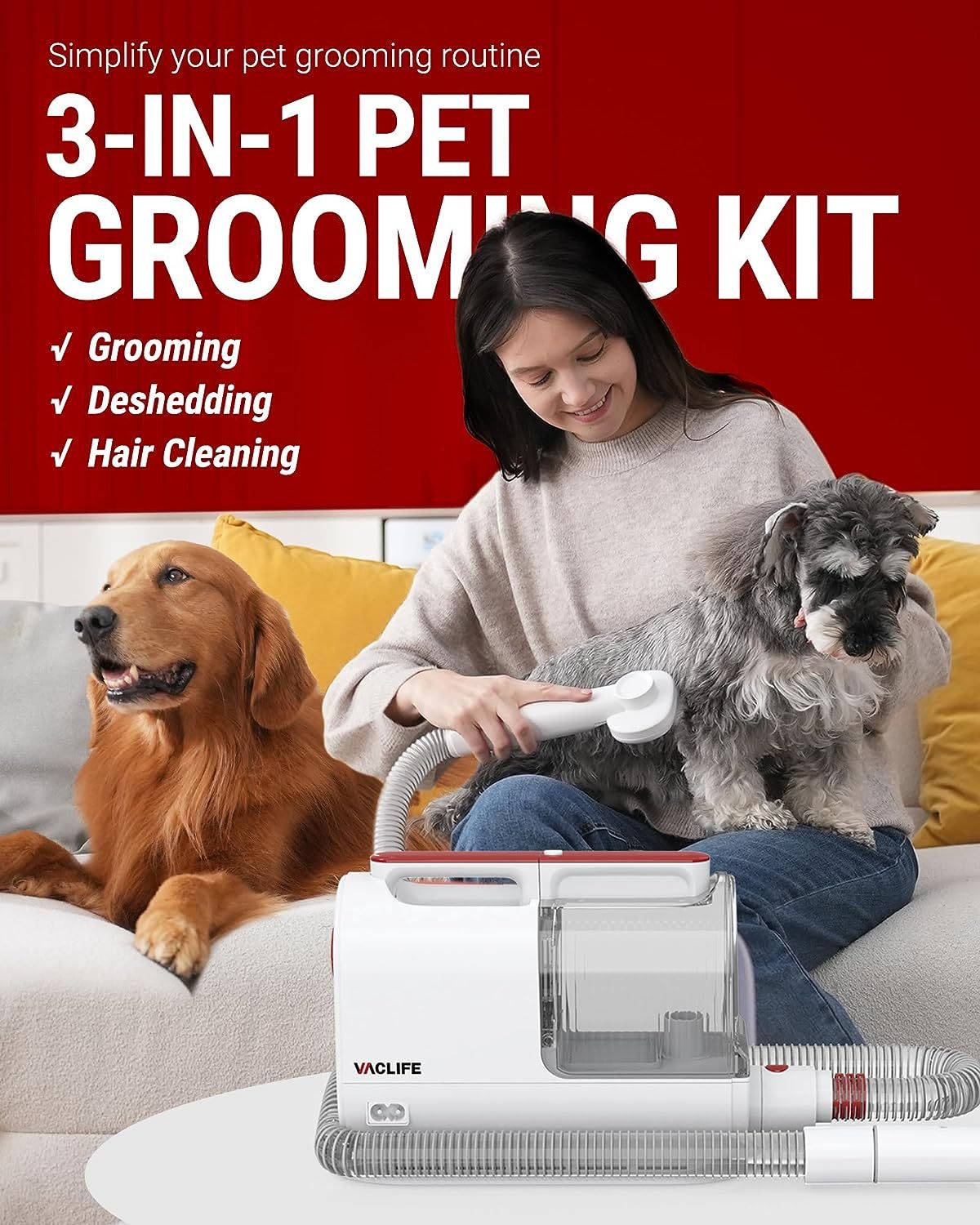 VacLife Aspirateur pour poils d'animaux avec tondeuse pour chien – Kit de toilettage polyvalent avec brosses et autres outils de toilettage pour chiens et chats – Faible bruit – Blanc et rouge