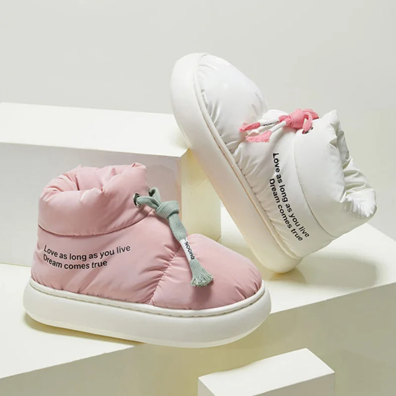 Chaussures d'hiver en coton avec cordon de serrage, bottes de neige épaisses et imperméables en peluche pour femme, confortables, semelle souple, bottines chaudes