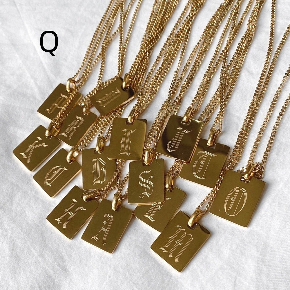 Stainless Steel Rectangular Ancient English 26 Letters Pendant Necklace For Women