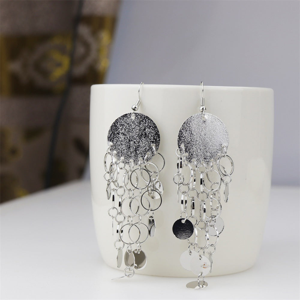 European And American Frosted Sequined Metal Earrings Personalized Long Tassel Pendant
