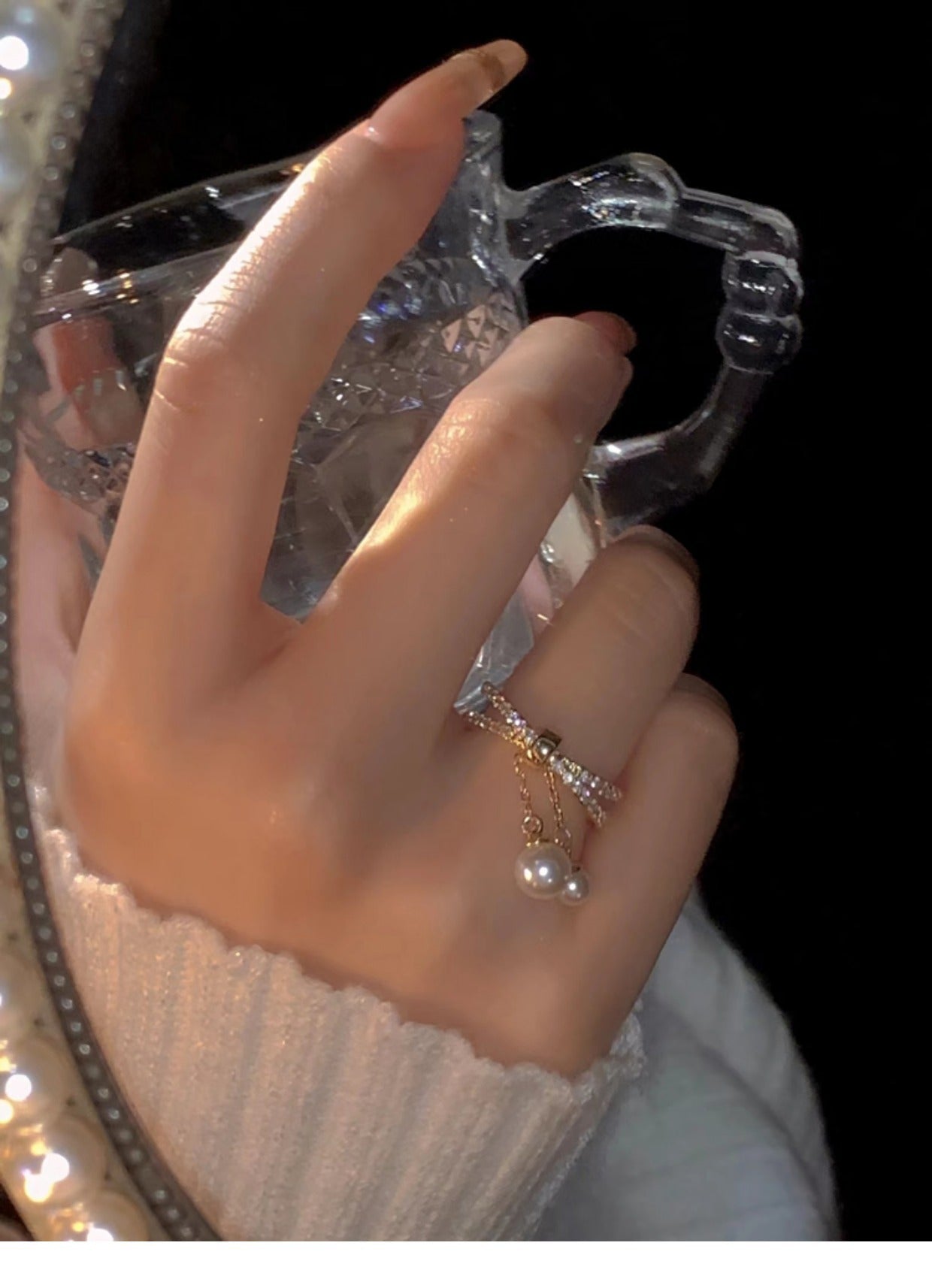 Anillo de doble capa con borla de circón y perla barroca galvanizada
