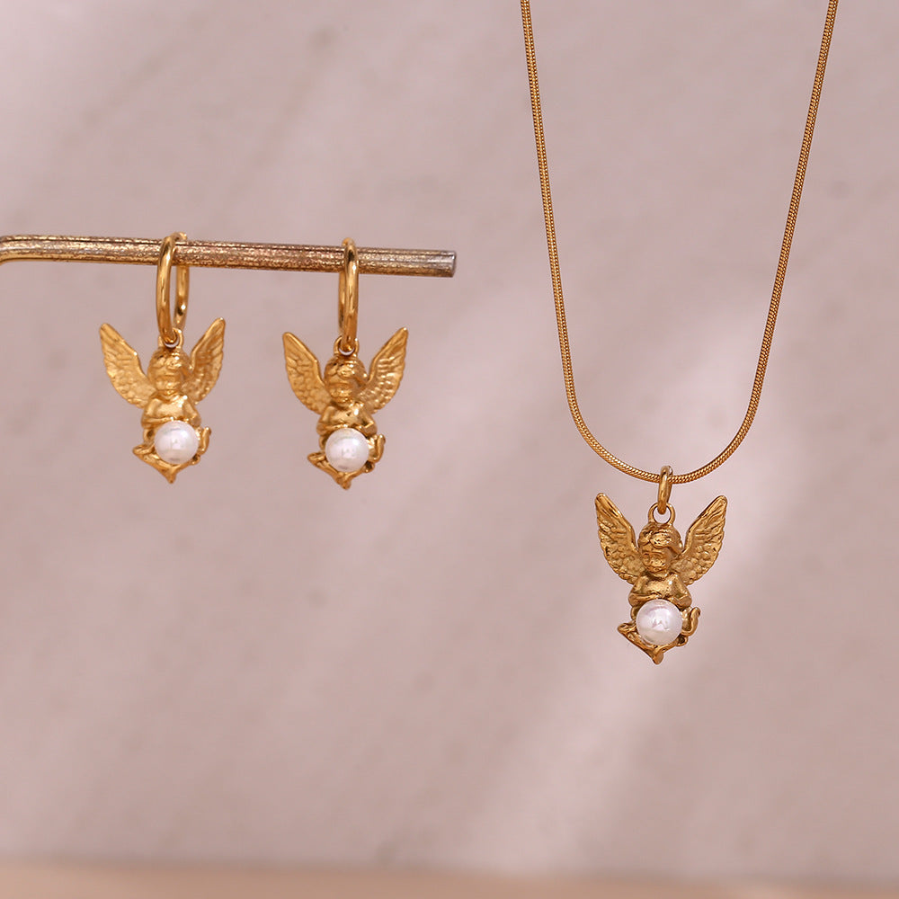 Collier élégant Vintage en acier titane plaqué or 18 carats, Mini collier d'ange en perles, boucles d'oreilles