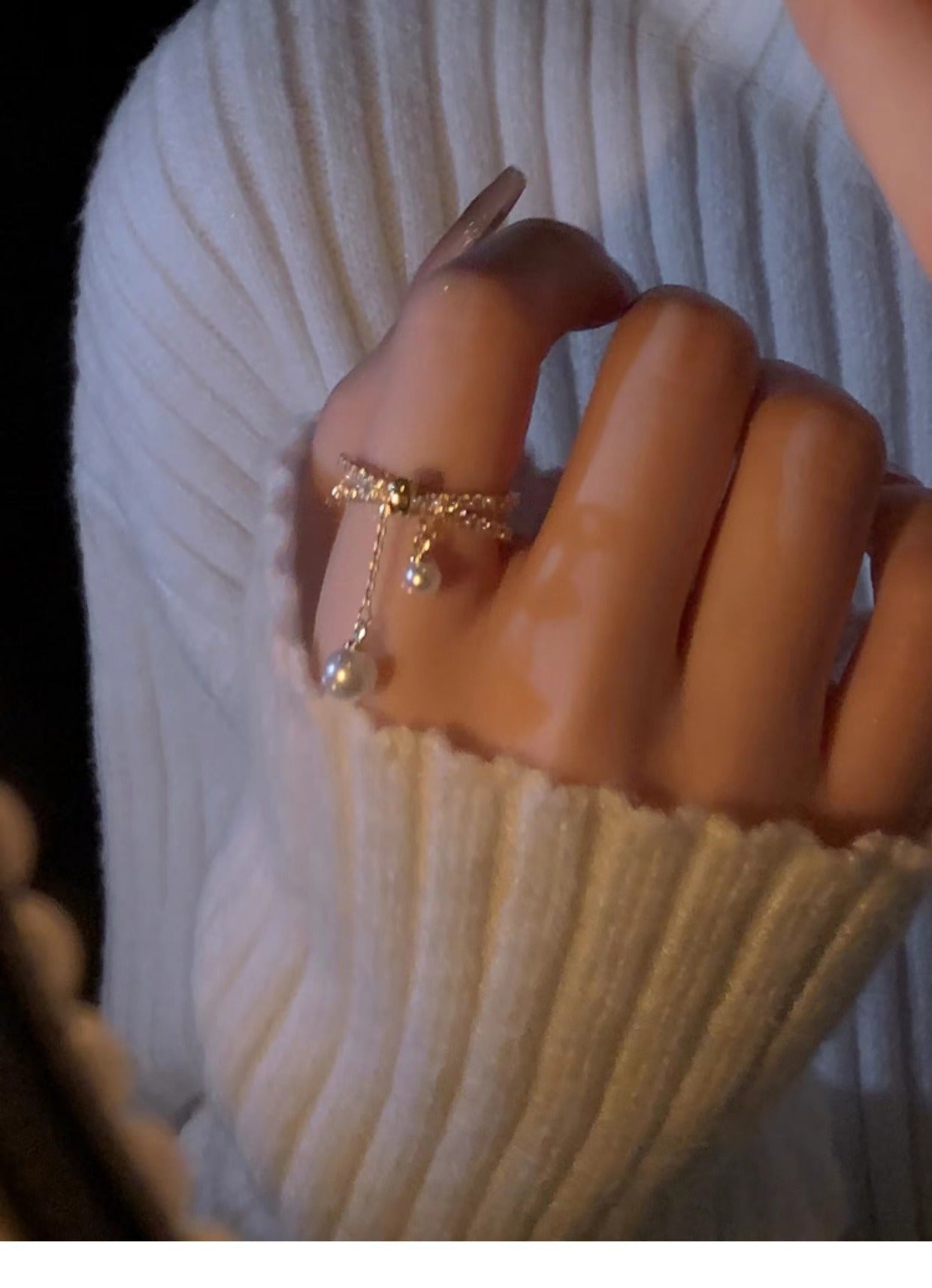 Anillo de doble capa con borla de circón y perla barroca galvanizada