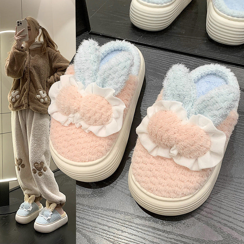 Pantoufles en coton à talons hauts dessin animé lapin mignon pour femmes