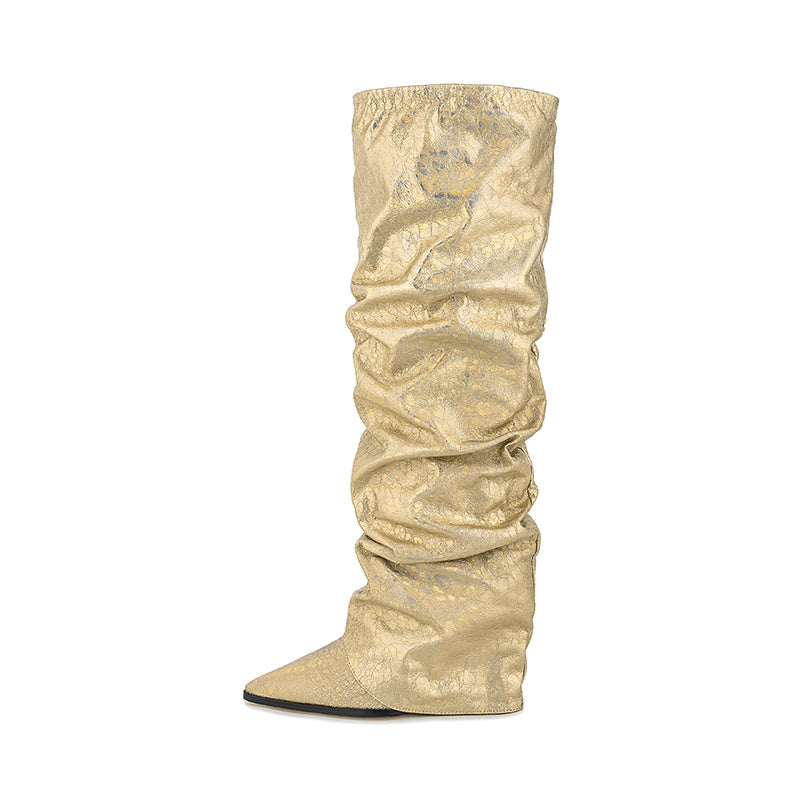 Botte haute plissée à manches pointues pour femmes