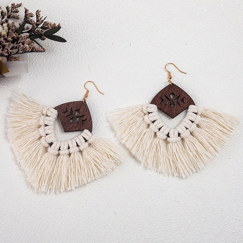 Pendientes Tejidos a Mano Macrame Madera Original Borla Ecológica