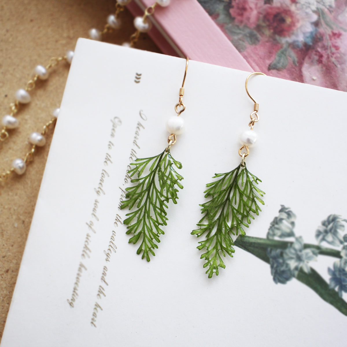 French Court Pearl Fern Leaves Hanging Earrings