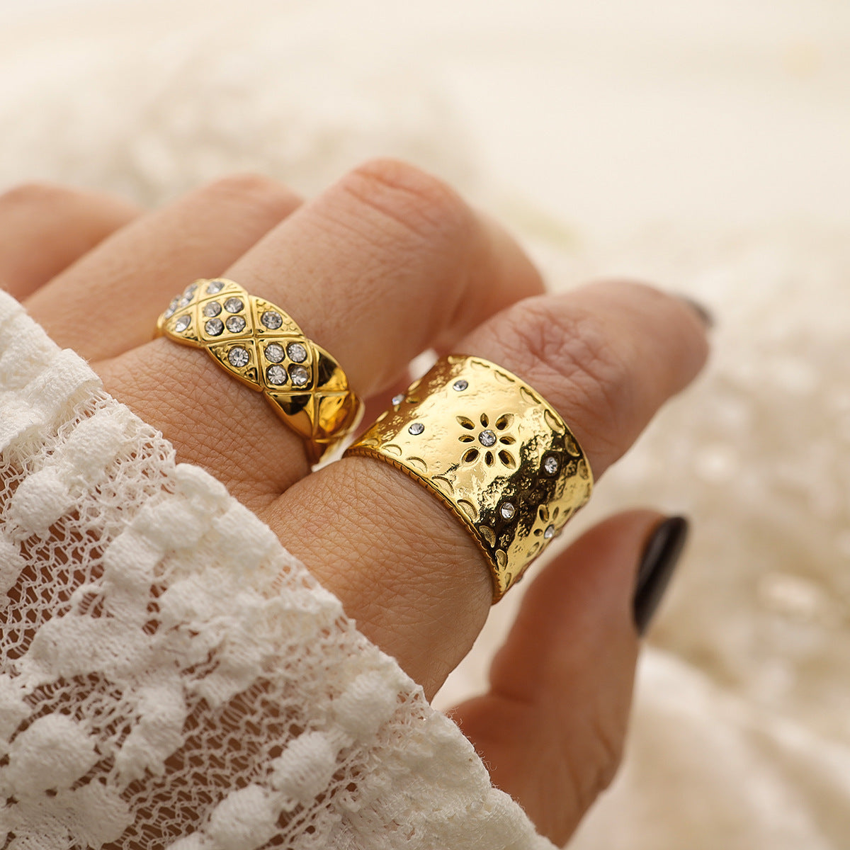 Bague sculptée de style cour vintage français, design creux