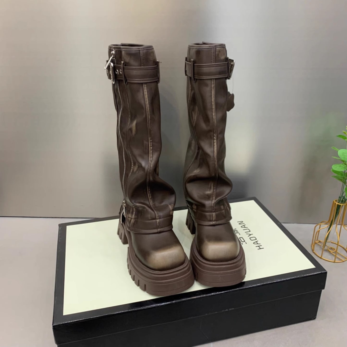 Genuine Leather Slip On Heavy Industry Zipper High-top Pantyhose Boots