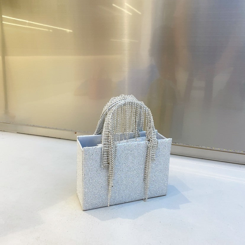 Bolso cuadrado pequeño con cadena de borlas de diamantes de imitación rojos de National Network, portátil de moda