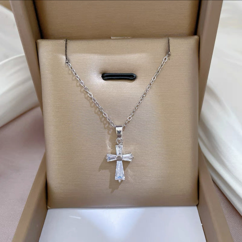 Ornament Copper Inlaid Zircon Cross Necklace Men And Women Fashion Gift Religious Cross Pendant