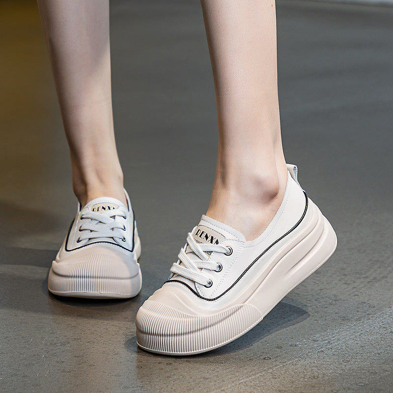Chaussures blanches en cuir véritable pour femmes, plateforme à lacets de couleur assortie