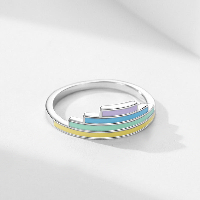 Women's Fashion Casual Sterling Silver Dopamine Rainbow Enamel Drop Oil Ring