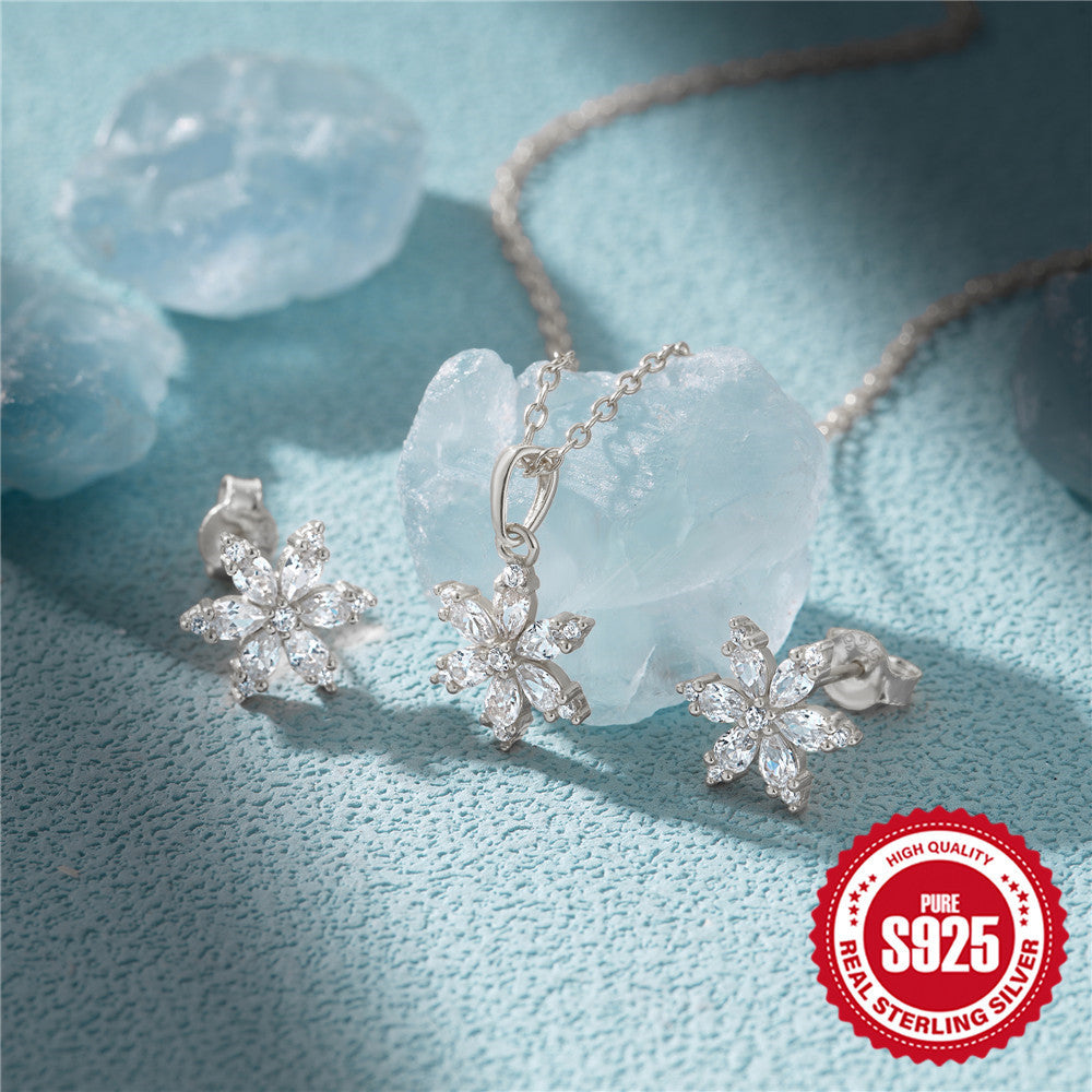 Sterling Silver Crystal Snowflake Ear Stud Necklace Suit