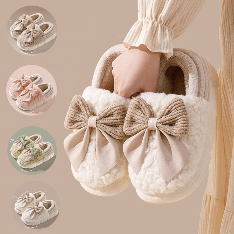 Zapatillas mullidas con Nudo De Lazo Grande Zapatos De Algodón con Tacón Cubierto Cálido De Invierno Zapatillas De Plataforma De Suela Gruesa De Moda Zapatos para Caminar En El Jardín Interior Y Exterior