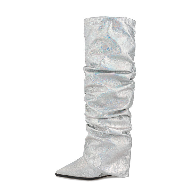 Botte haute plissée à manches pointues pour femmes