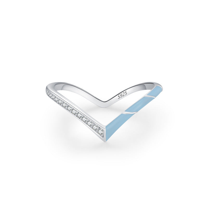 S925 Sterling Silver Fashion V-shaped Blue Enamel Diamond-studded Ring