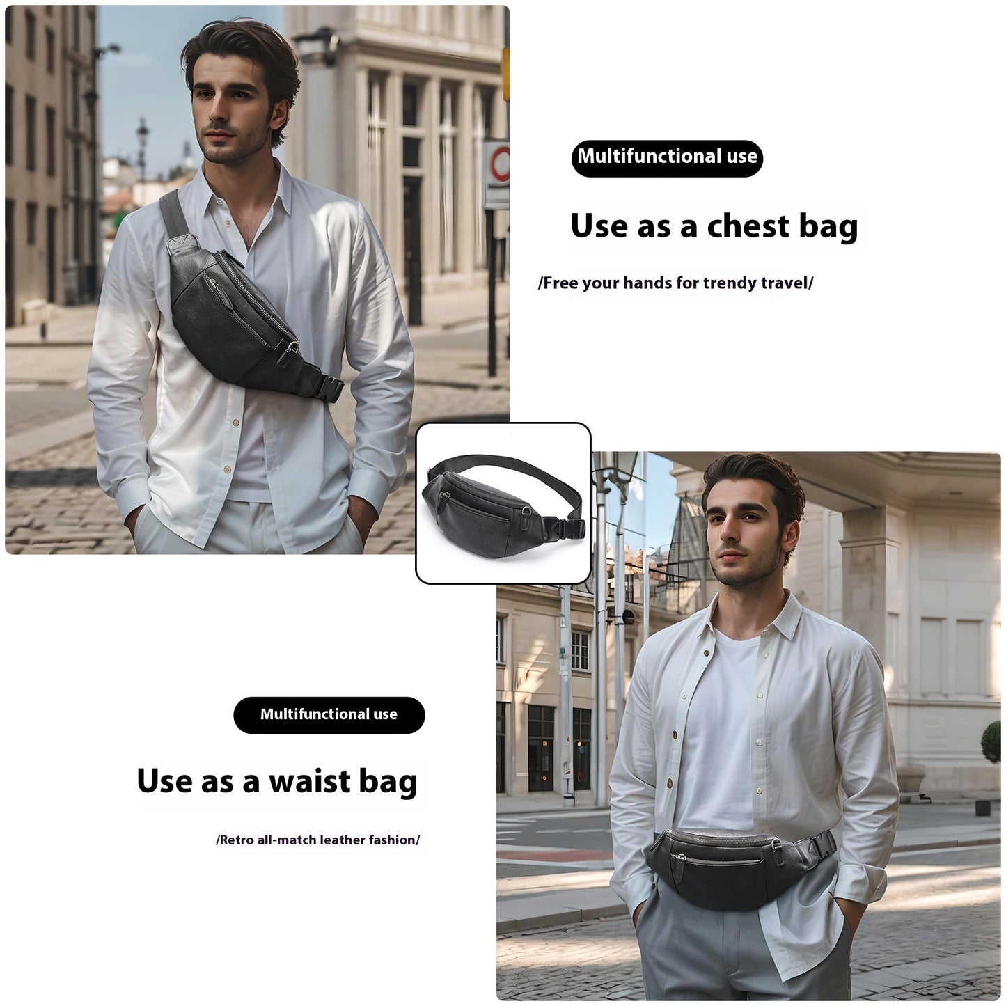 Sac messager en cuir véritable pour hommes, sac de poitrine multifonctionnel à première couche en peau de vache