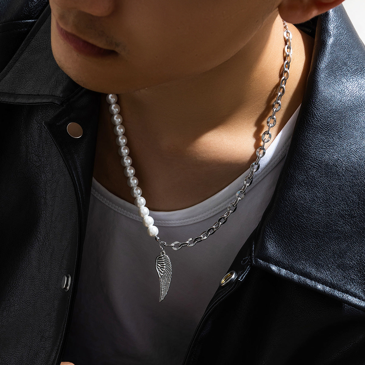 European Hip Hop Stainless Steel Pearl Stitching Necklace