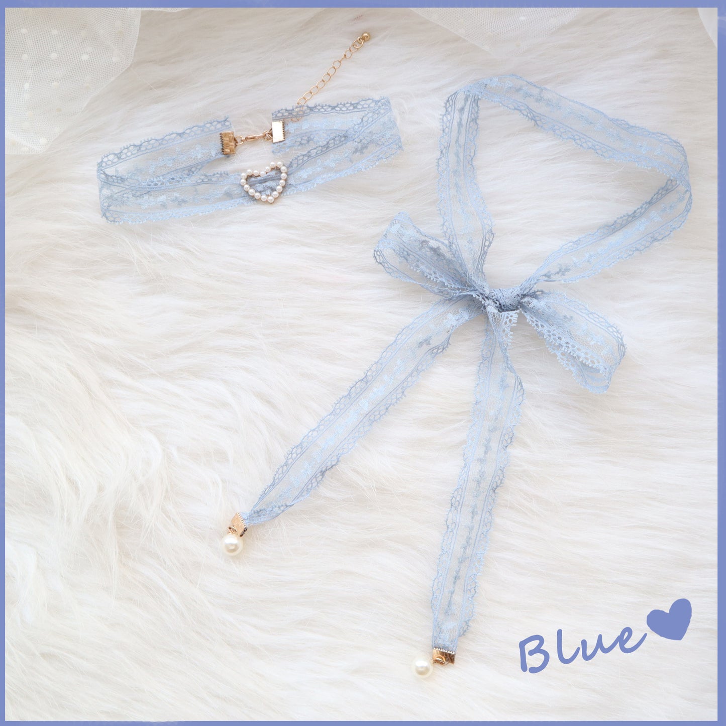 Sweet Accessories Collier ras du cou en perles avec ruban de dentelle gris et bleu