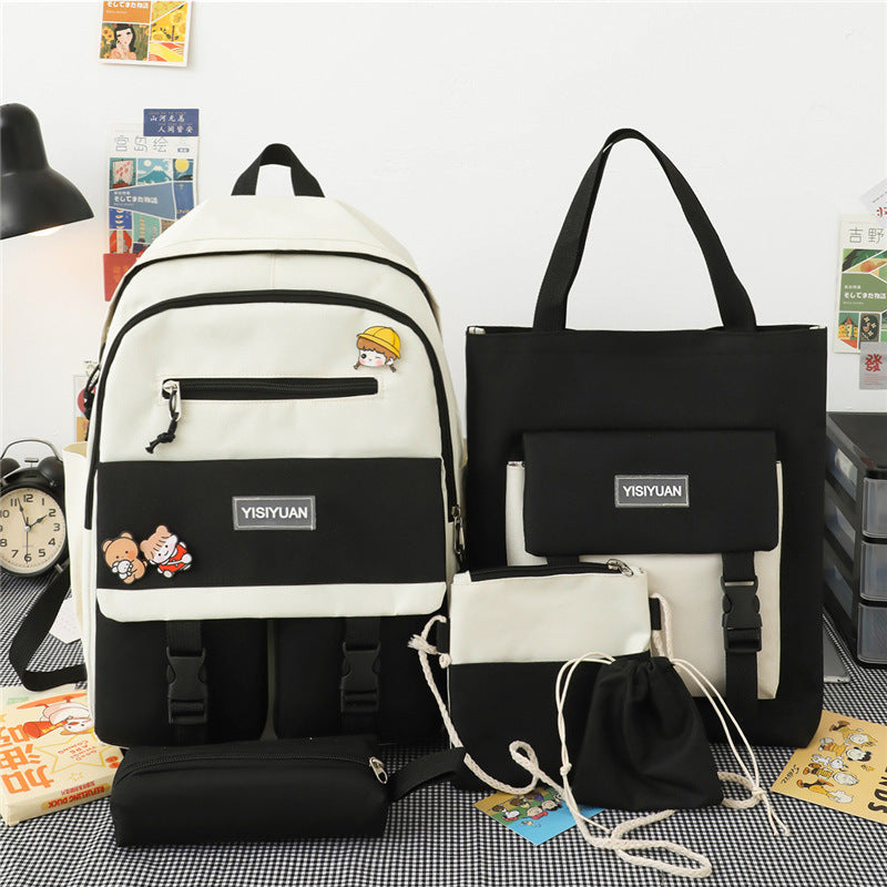 Sac à dos en nylon haute capacité pour collégiens, ensemble de cinq pièces
