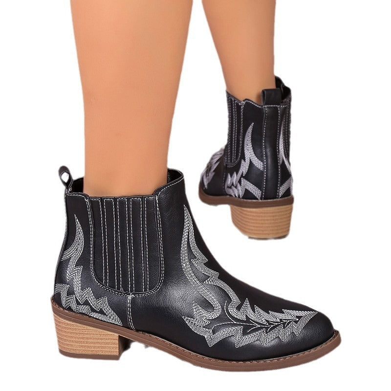 Bottines brodées Martin Vintage à bout pointu et talon épais pour femmes