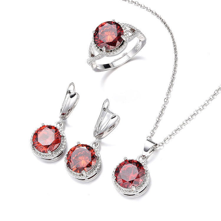 Women's Zircon Necklace Earring Ring Three-piece Set Simple Round