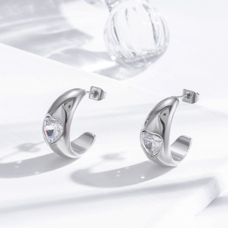 Boucles d'oreilles simples et gracieuses en acier inoxydable, cœur aimant en Zircon
