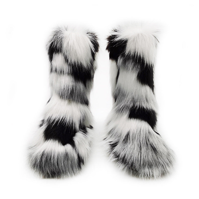 Bottes de neige en peluche pour femmes, bottes mi-hautes plates de couleur grande taille