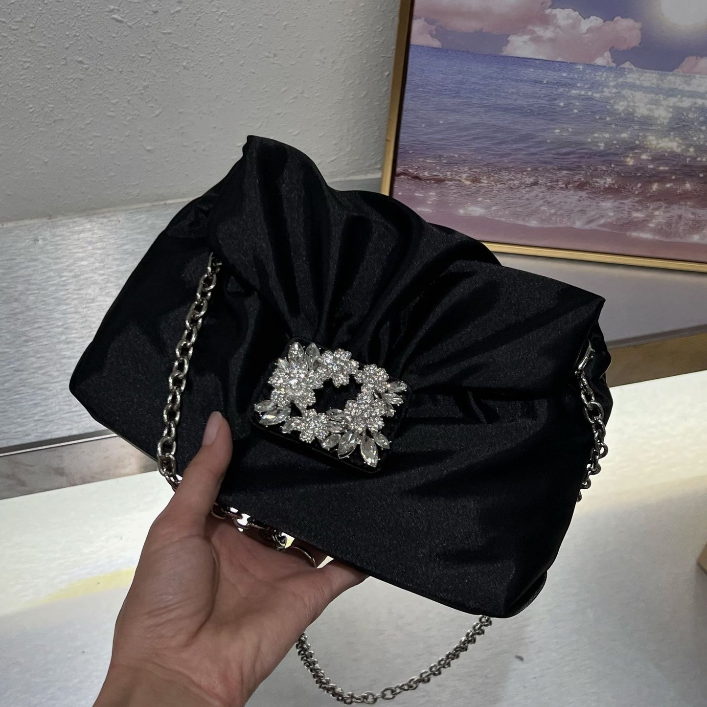 Petit sac carré en diamant de soie de banquet froissé vintage