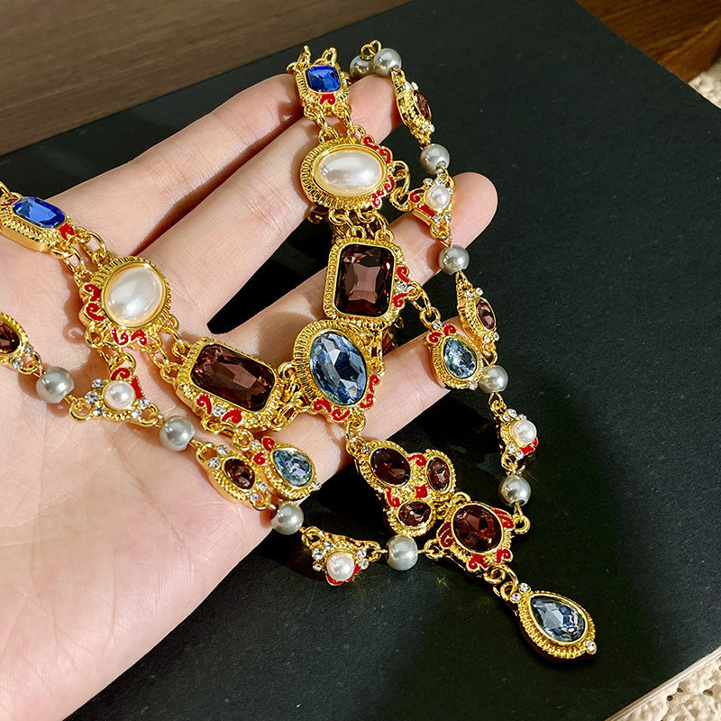 Mid-ancient Temperament Pearl Crystal Shining Diamond Tassel Clavicle Chain Color Gem Neckband Necklace