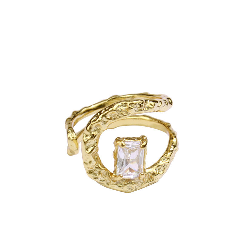 Anillo de circón de extremo abierto rectangular con incrustaciones de viento frío ligero de lujo y simplicidad