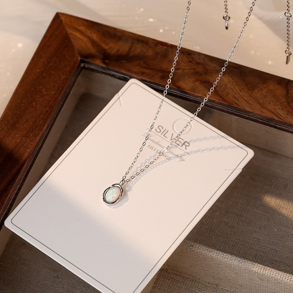 S925 Sterling Silver Synthetic Opal Stone Simple All-match Necklace For Women