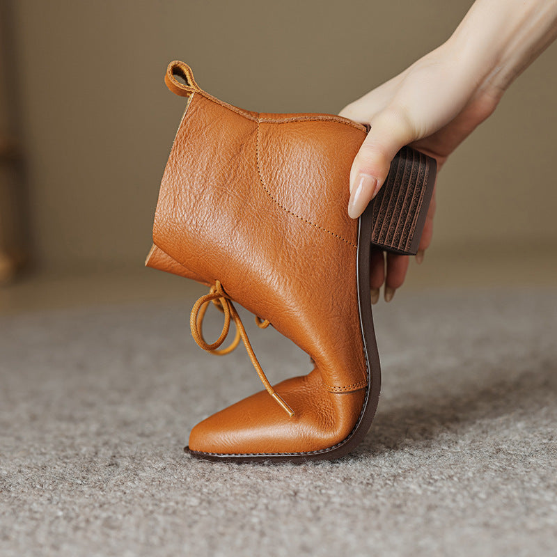 Bout pointu dentelle talon épais talon moyen cuir de vache bottes martin