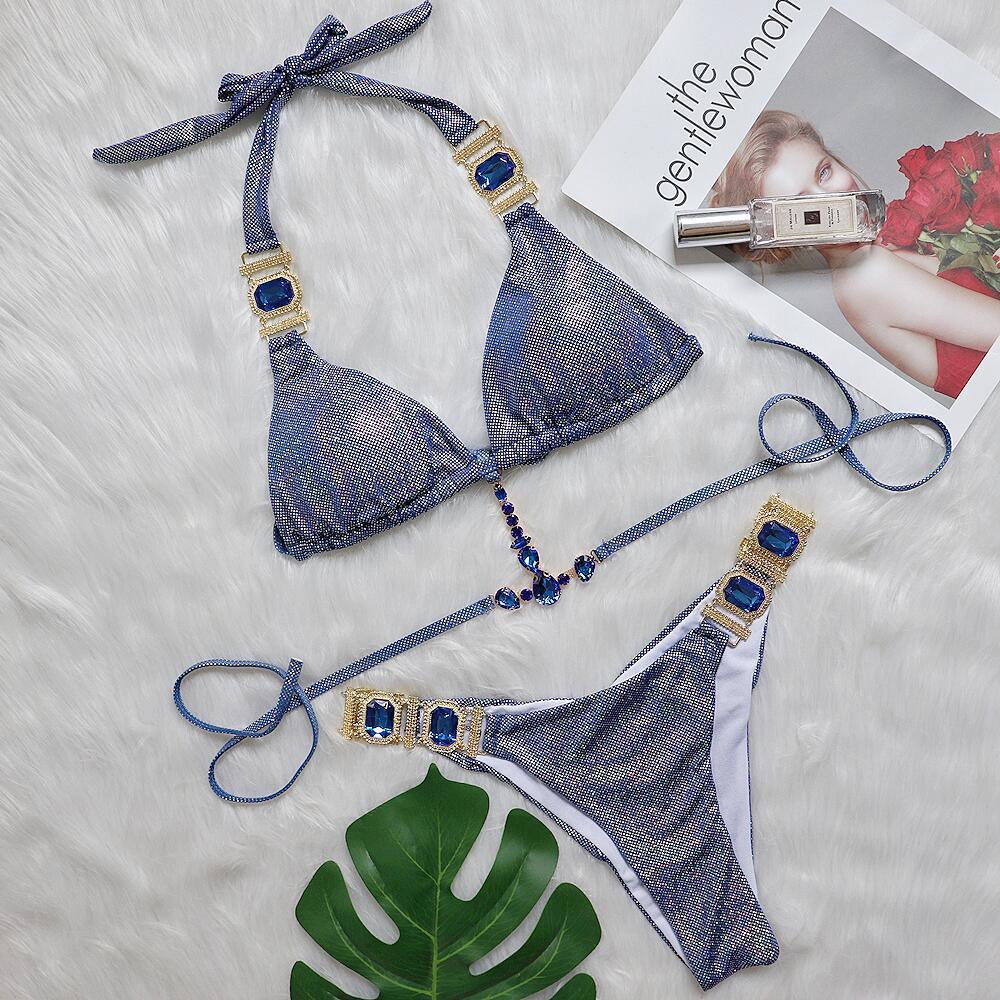 Ensemble bikini à paillettes et liens à nouer