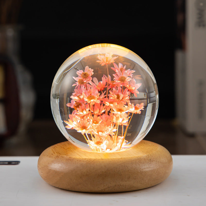 Lámpara LED de noche con bola de cristal y flores para niños, lámpara de noche con Base de madera, luz ambiental para dormitorio, regalo creativo, luz nocturna