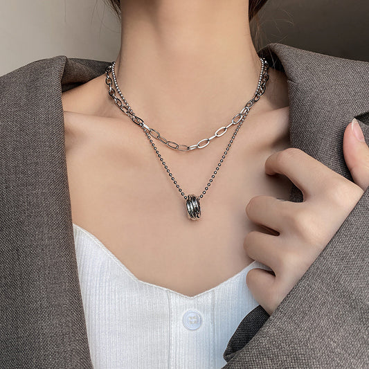 Bague pendentif collier femme Niche Design Ins Double couche Double doux Style Cool clavicule chaîne