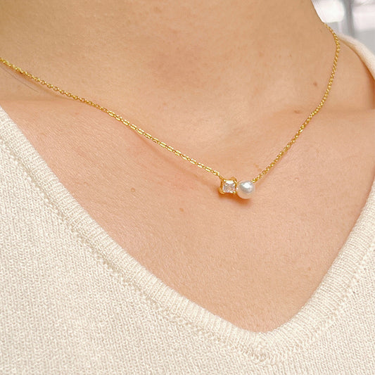 925 Sterling Silver Square Diamond Natural Freshwater Pearl Pendant