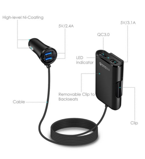 Compatible con el cargador de coche del asiento trasero QC3.0 2.4A3.1A 4 USB con cable un clip