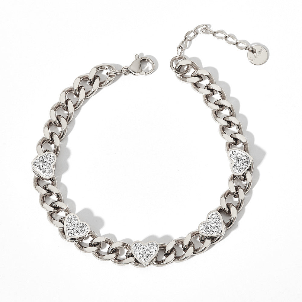 Bracelet rétro français en acier inoxydable et Zircon en forme de cœur