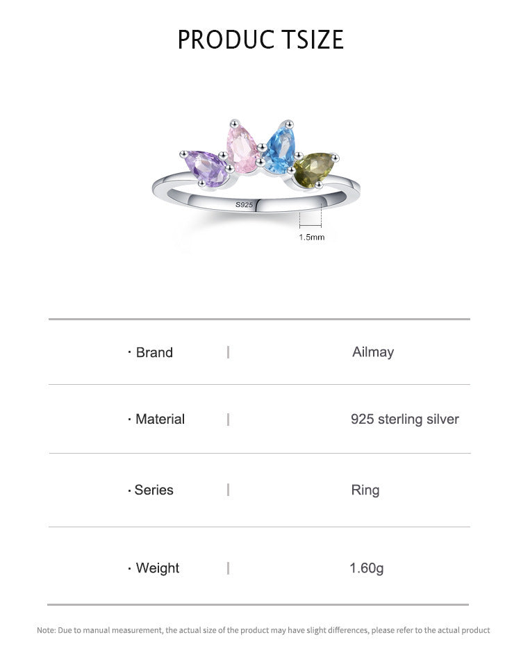 Women's S925 Sterling Silver Drop-shaped Color Zircon Ring