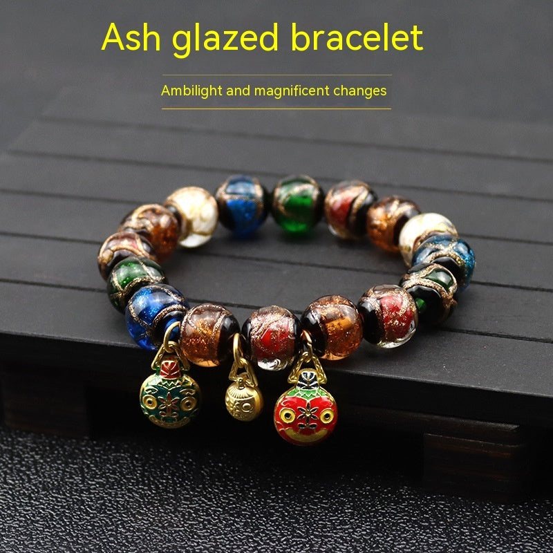 Bracelet glaçure de couleur gris parfumé, multi-trésor coloré, bête à avaler, perle de verre en soie dorée